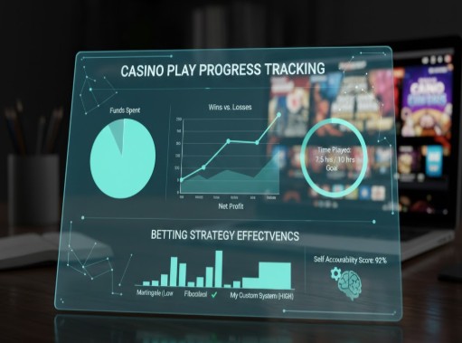 Data dashboard displaying graphs and charts for monitoring casino play progress, including wins, losses, time spent, and betting strategy effectiveness for self-accountability.